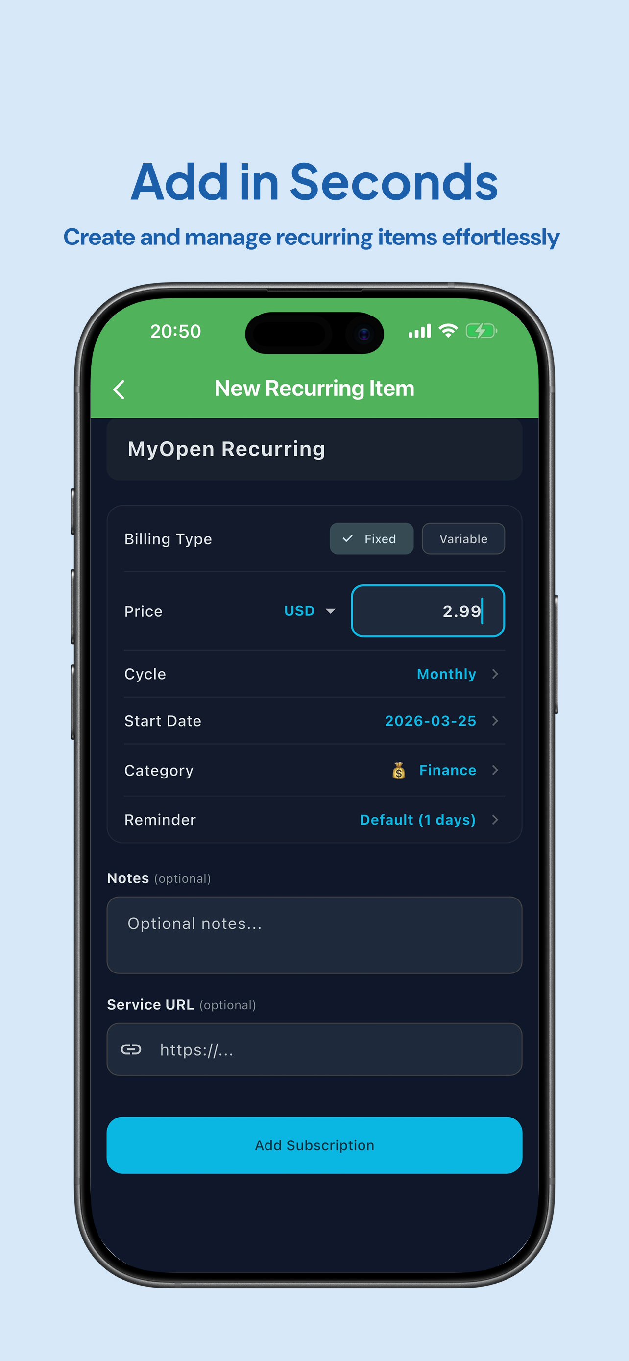 Add recurring expense screen