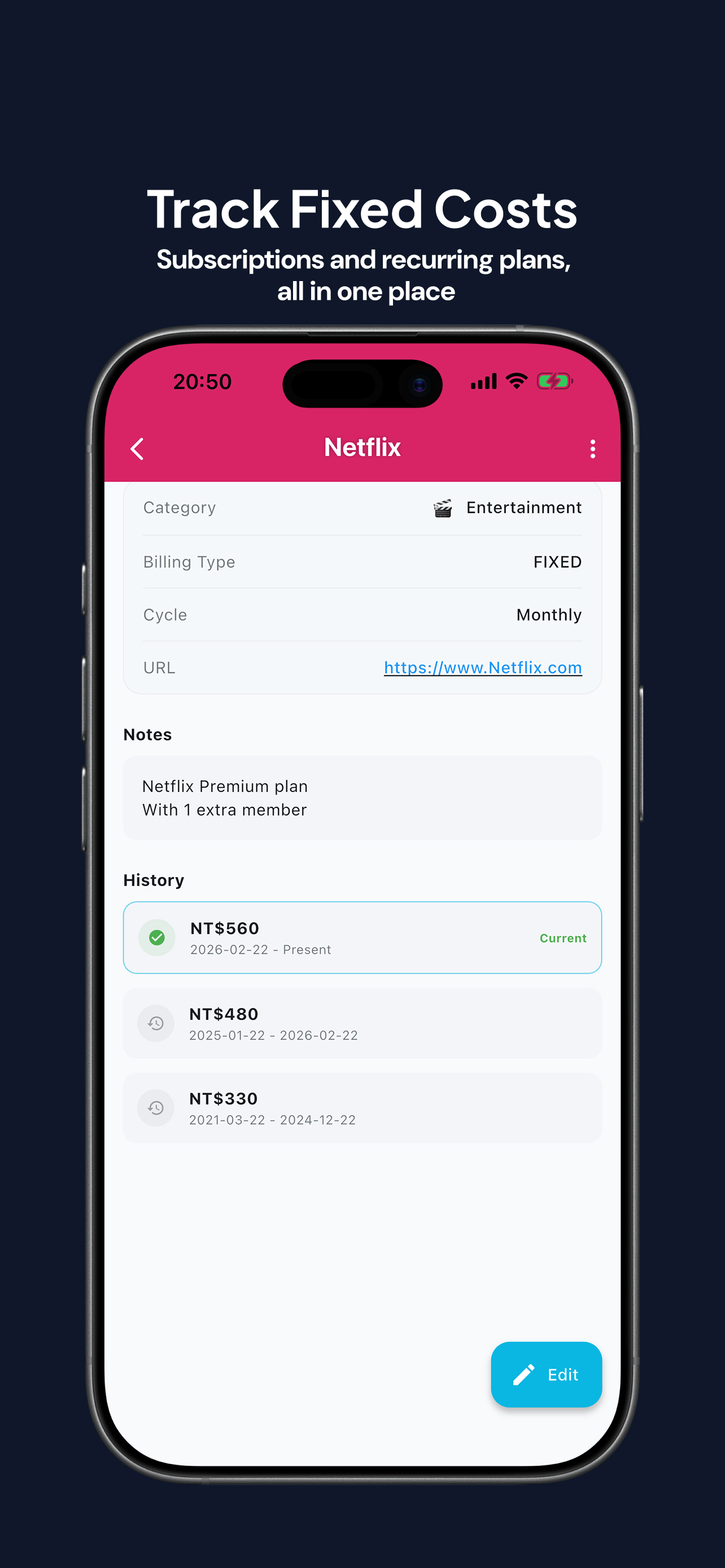 Fixed subscriptions and bills screen