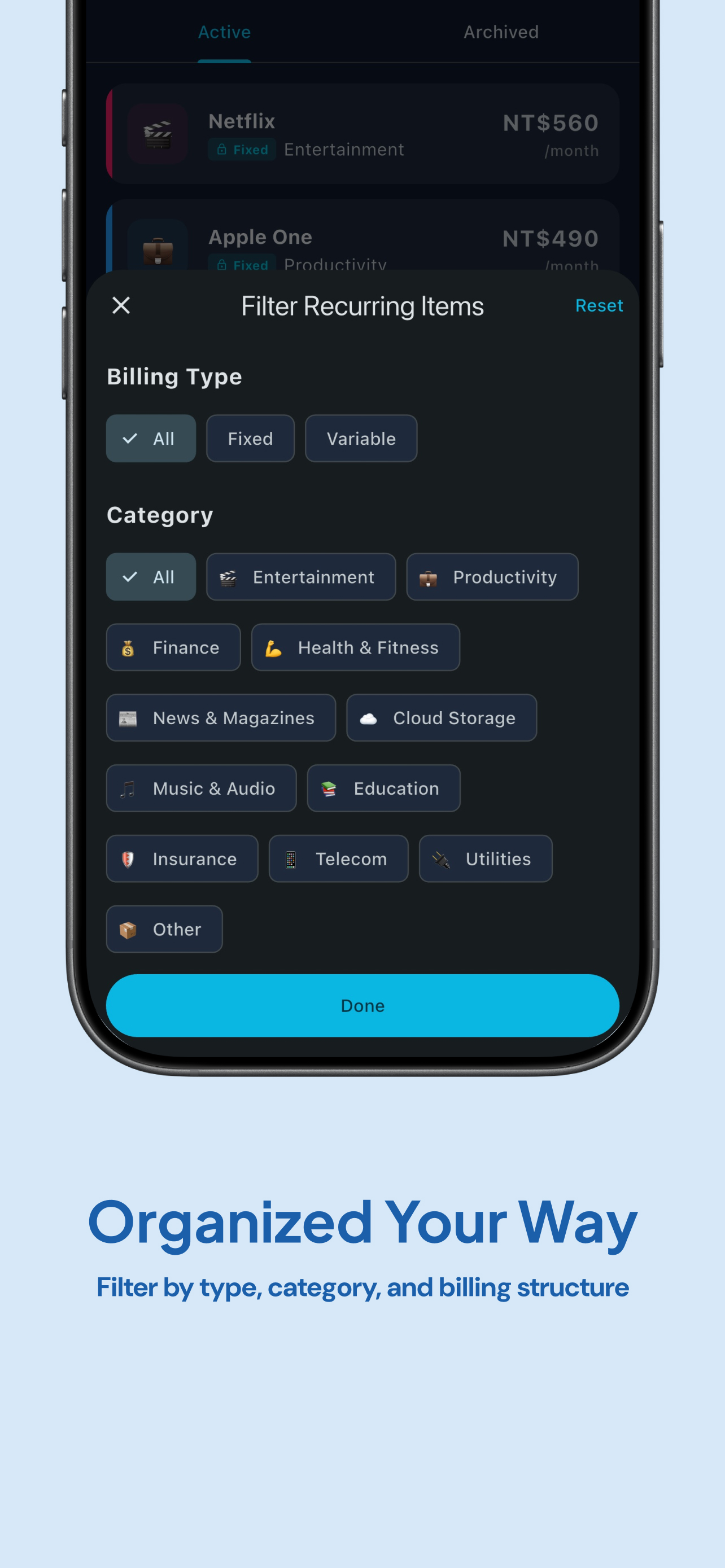 Organized categories screen